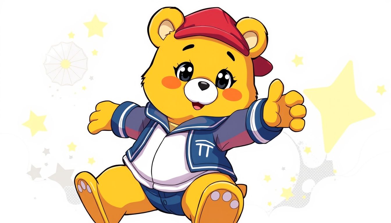 Anime idea: anime style, vibrant colors, expressive eyes, Un bisounours jaune (care bear) corps entier dans une pose dynamique kawai avec une tenue d'étudiante, u