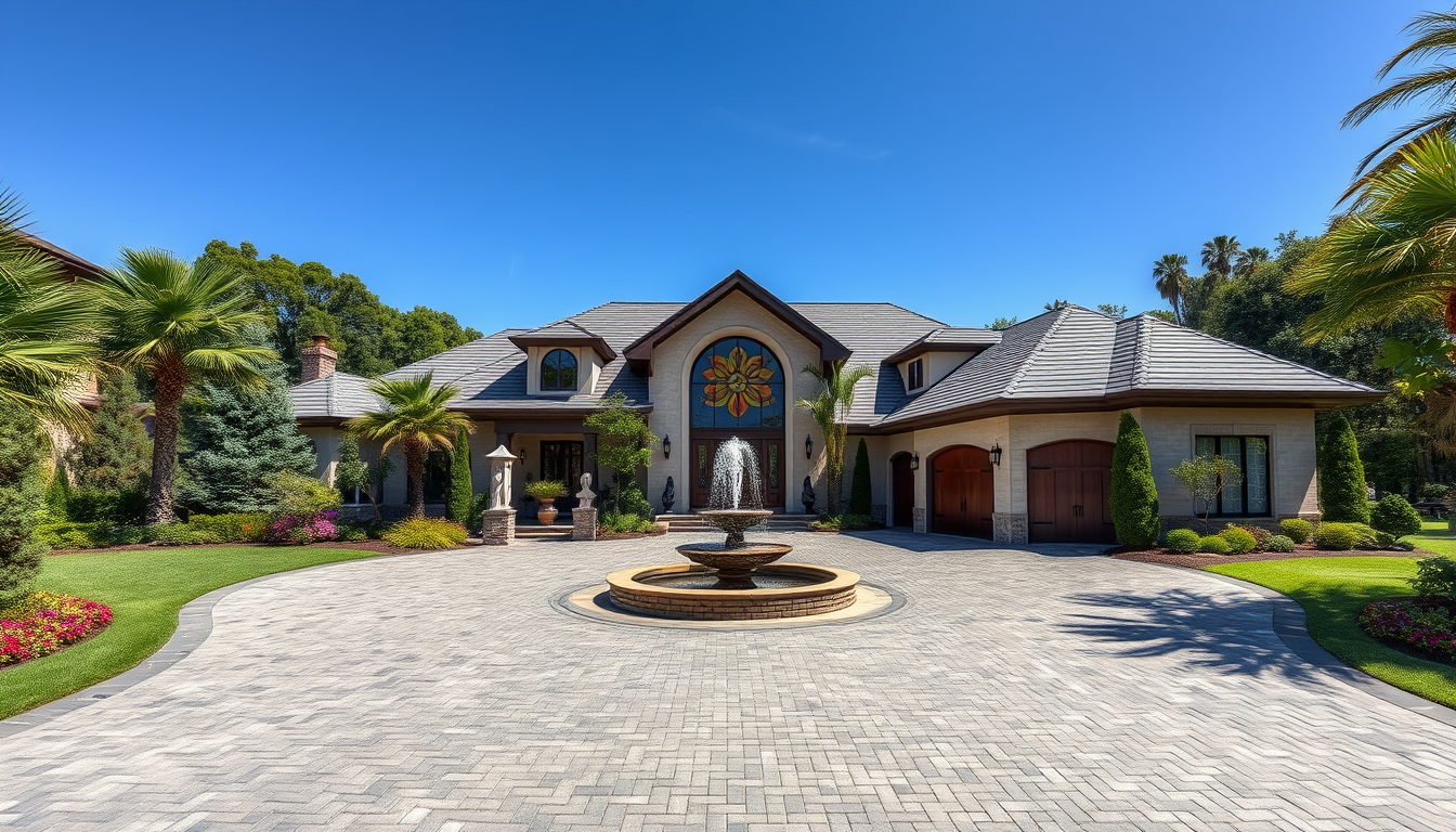 AI Art prompt example created from the prompt: a large tech looking 2 story home on a large acreage with a private road leading to the home. huge driveway is glossy gray brick stone drive