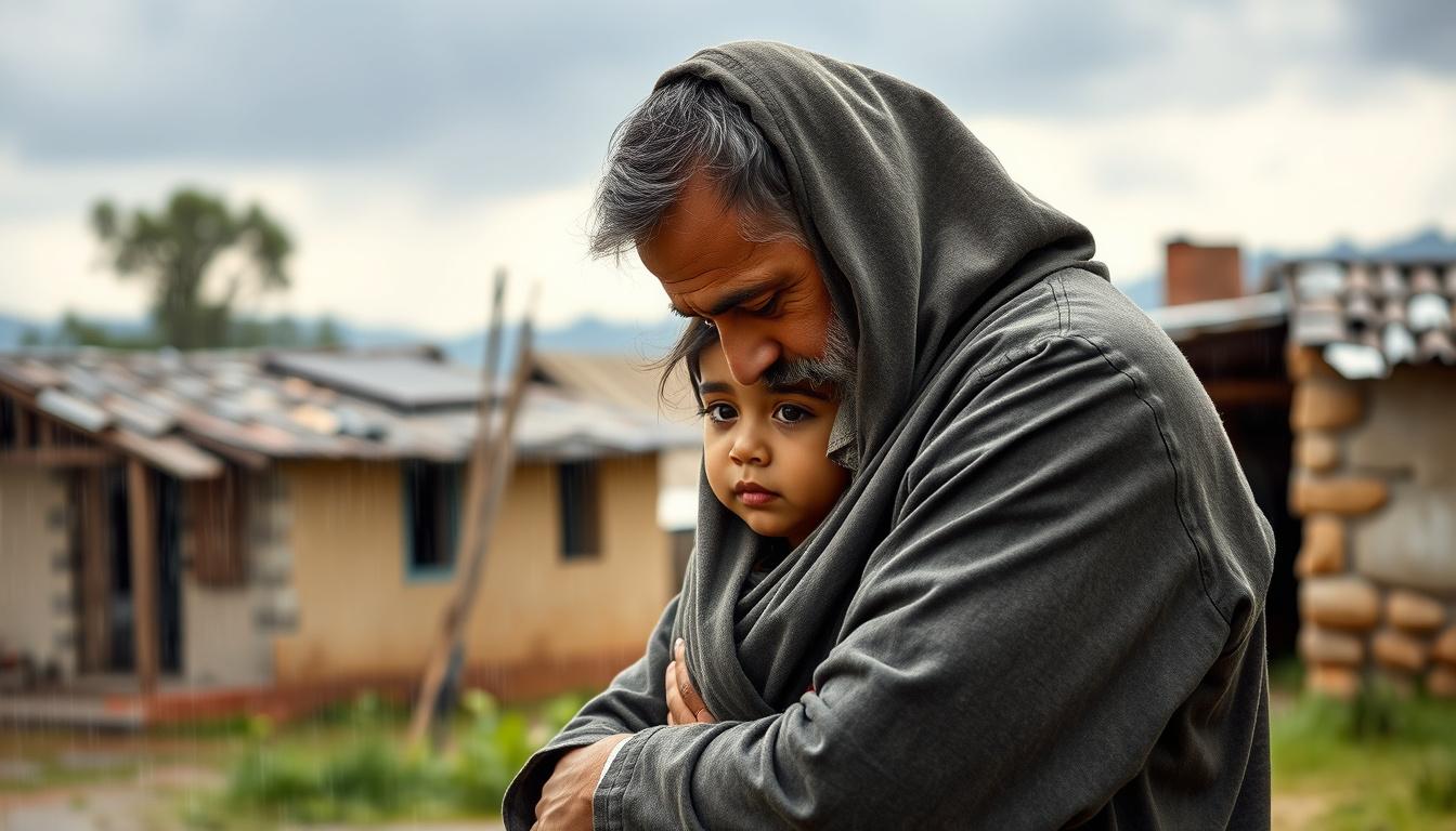 Main art studio: Imagen de padre cubriendo a su hija con una sombrilla de la lluvia Fondo de un pueblo.
