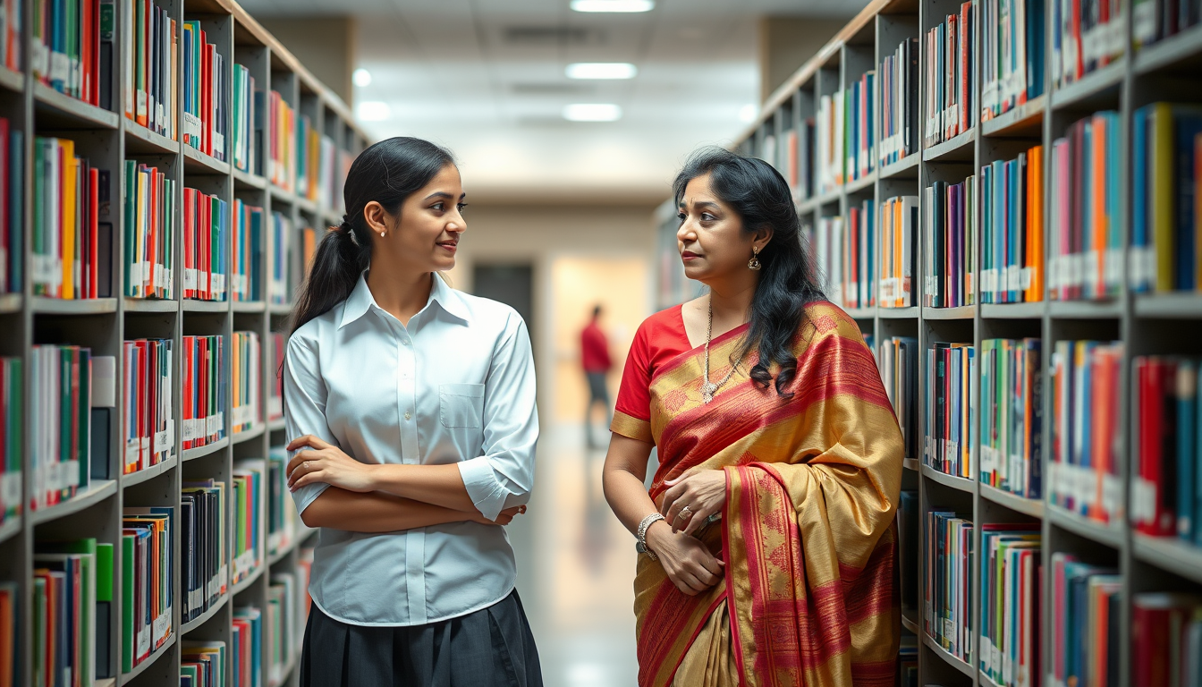 Main art studio: Landscape photorealistic Indian school brochure photo: 18-year-old female student in modest shirt skirt school uniform and elegant female teacher in h