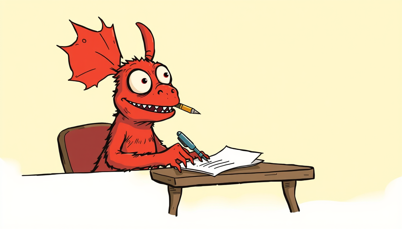 Main art studio: Ein niedliches, eigenständiges rotes Plüschmonster mit großen Kulleraugen sitzt an einem Schreibtisch und schreibt einen Brief. Es hält den Kugelschre