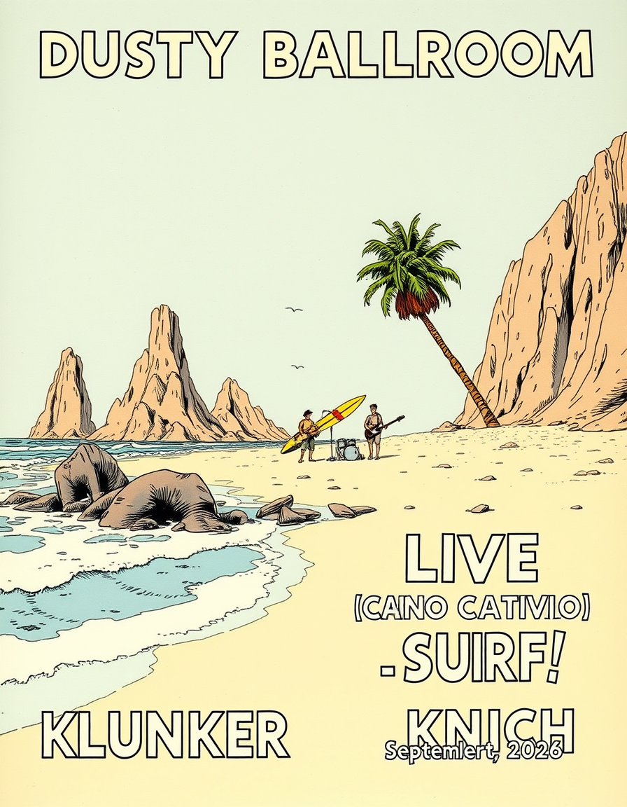 Main art studio: Generiere ein Bild im Franco belgischen surrealen Comicstil (Moebius) Am Strand mit Gischt, Felsen und 2 Palmen steht in einiger Entfernung eine männl