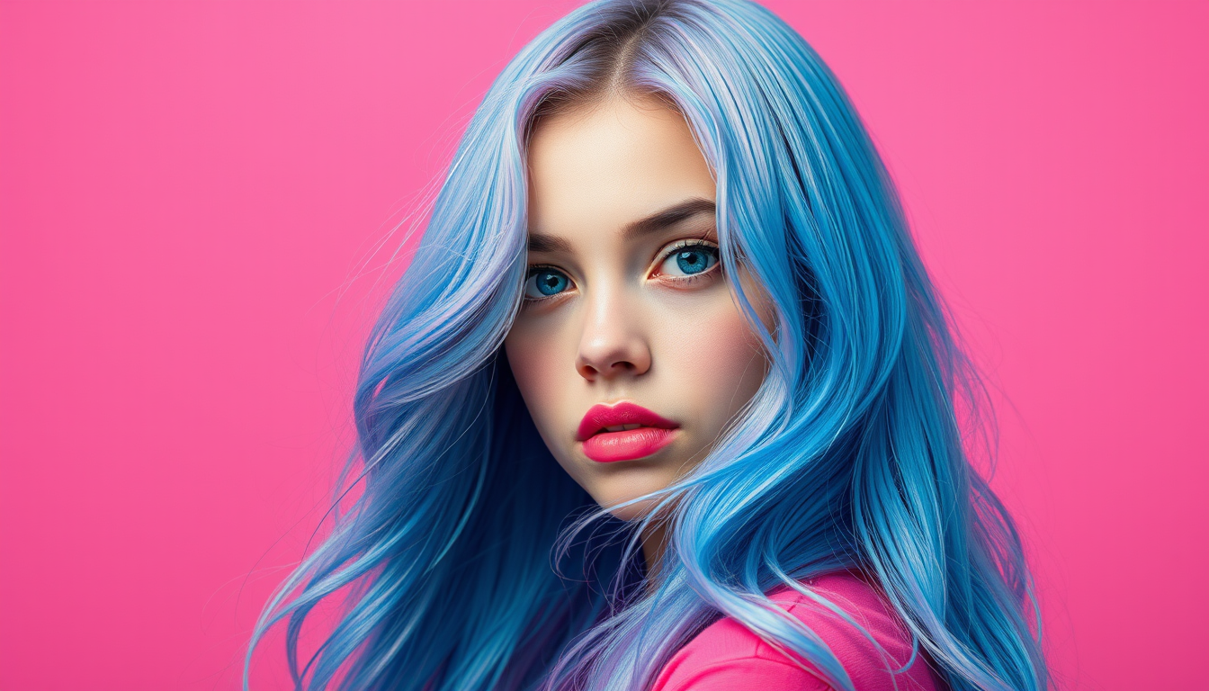Wallpapers idea: wallpaper artwork, wide atmospheric scene or bold pattern, high detail, Pink solid just pink background with a beautiful girl with galexy colored hair