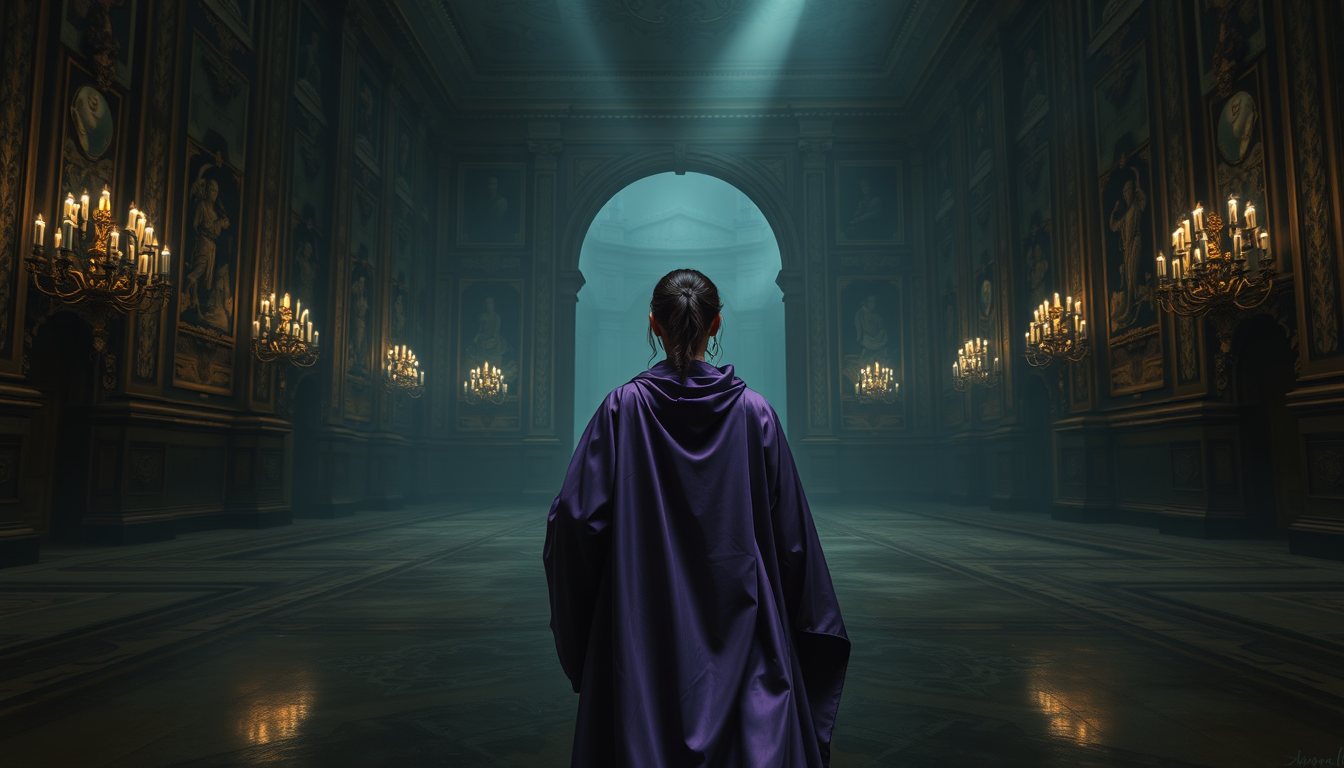 Main art studio: generate me a lady carrying purple robes in a palace but a tense, dramatic, gloomy attmosphere/not realistic/, like an artwork painted in the 1800s or