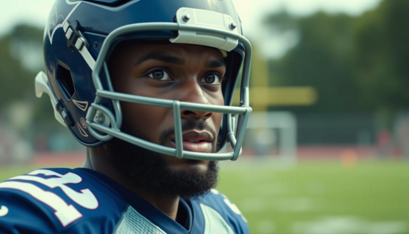 Main art studio: Video of a football character gets off the ball and just stands. The camera follows him up to a close-up of his face