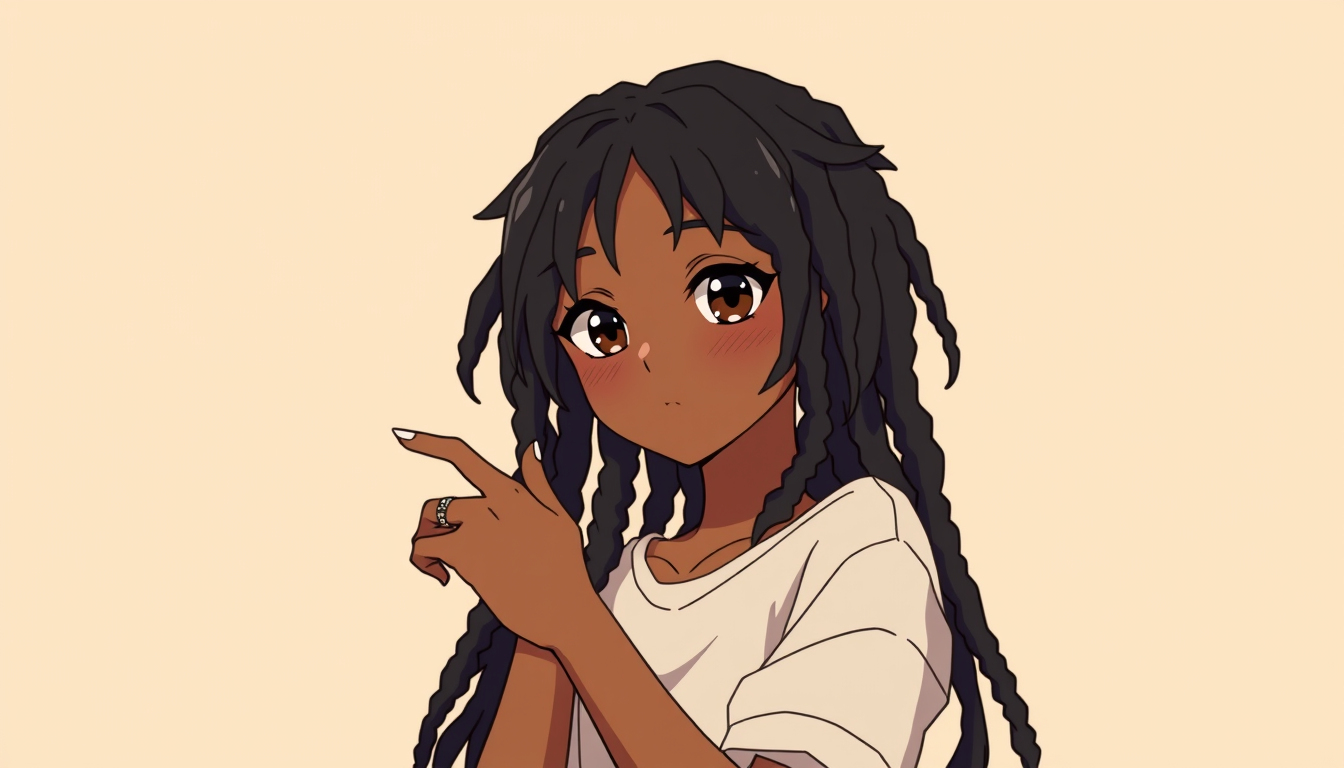 AI Art prompt example created from the prompt: anime style Black female character, black dreadlocks, dark brown eyes, cozy relaxed stoner-adjacent vibe, wearing a ring on one finger, soft
