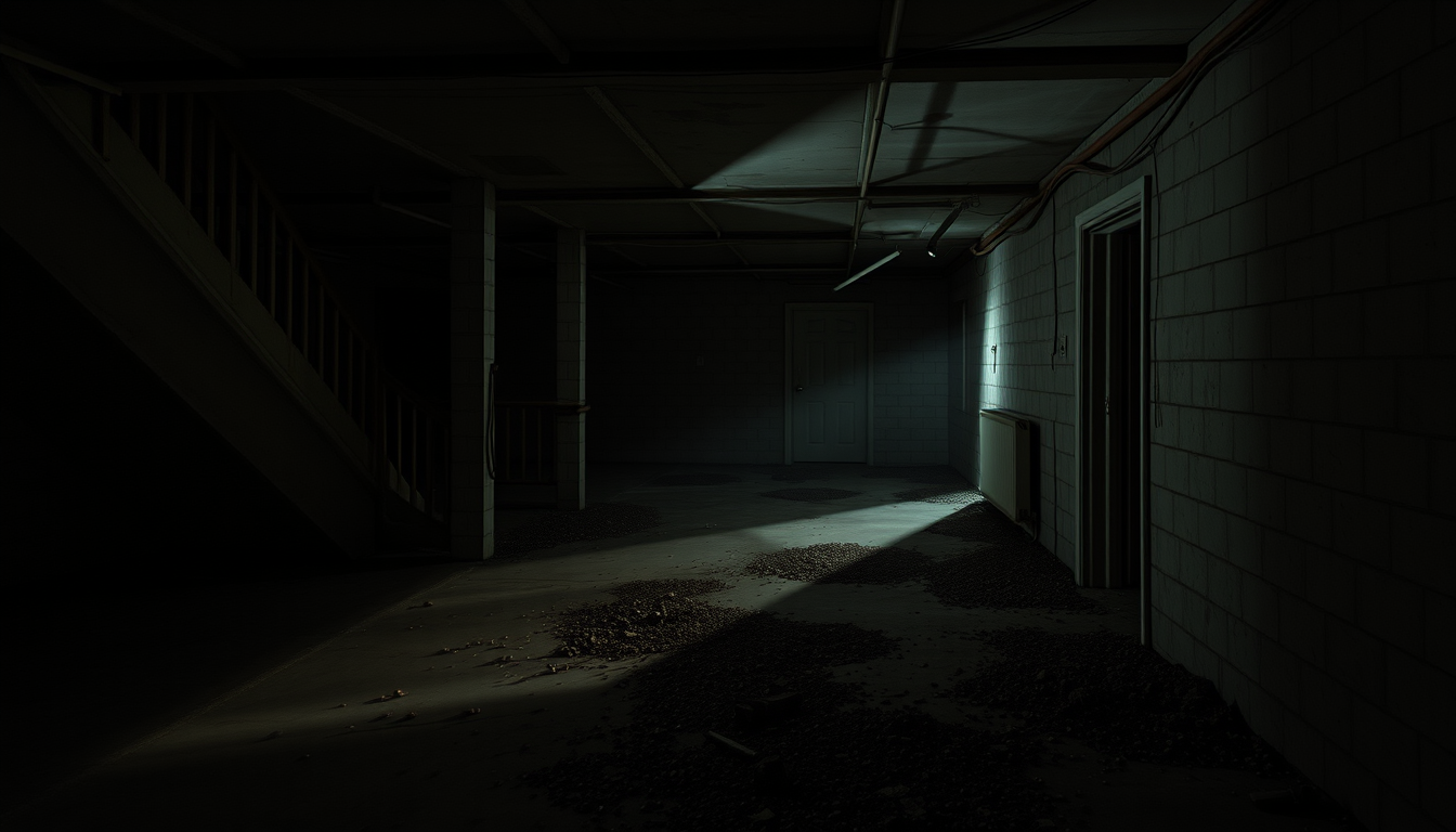 Main art studio: realistic abandoned apartment building basement, same location, same camera, night, flashlight lighting, horror atmosphere