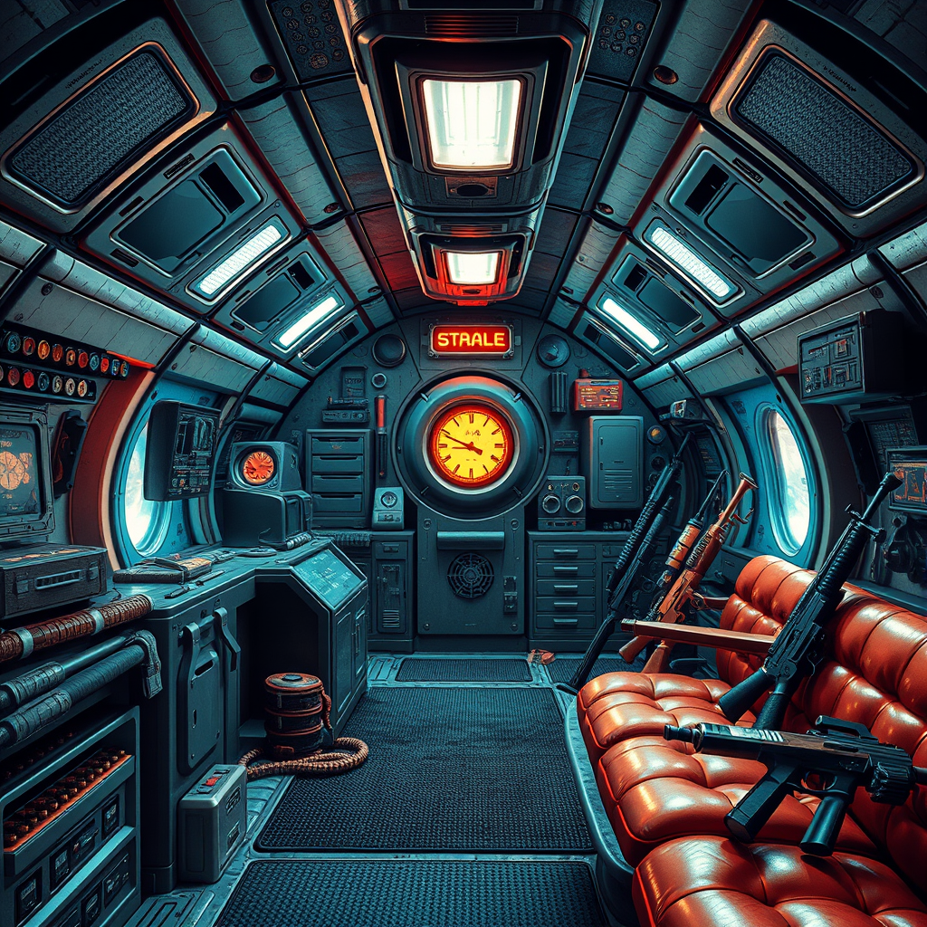 Main art studio: retro spaceship interior, home base, base, gun armory, guns, bullets