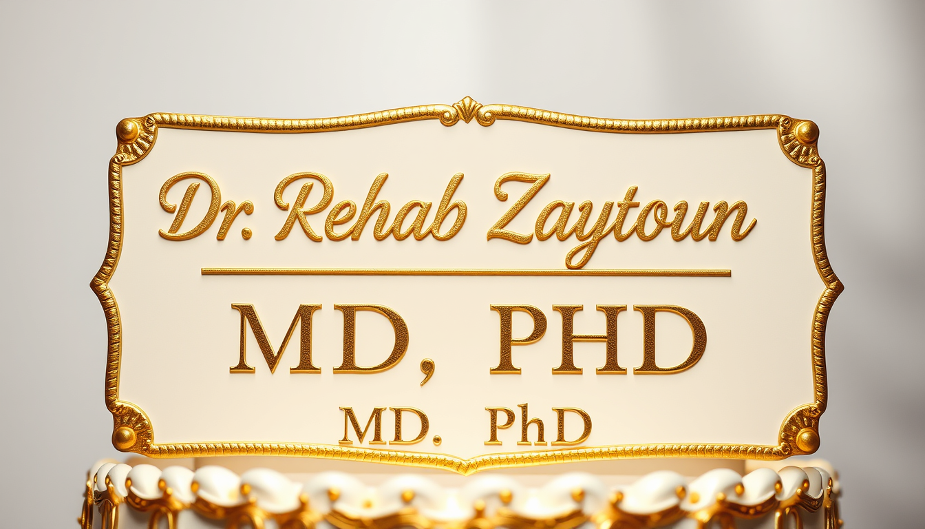 Main art studio: Luxury cake topper, ultra-premium royal style. Show ONLY TWO text lines: line 1 exactly "Dr. Rehab Zaytoun"; line 2 exactly "MD, PhD". The name must a
