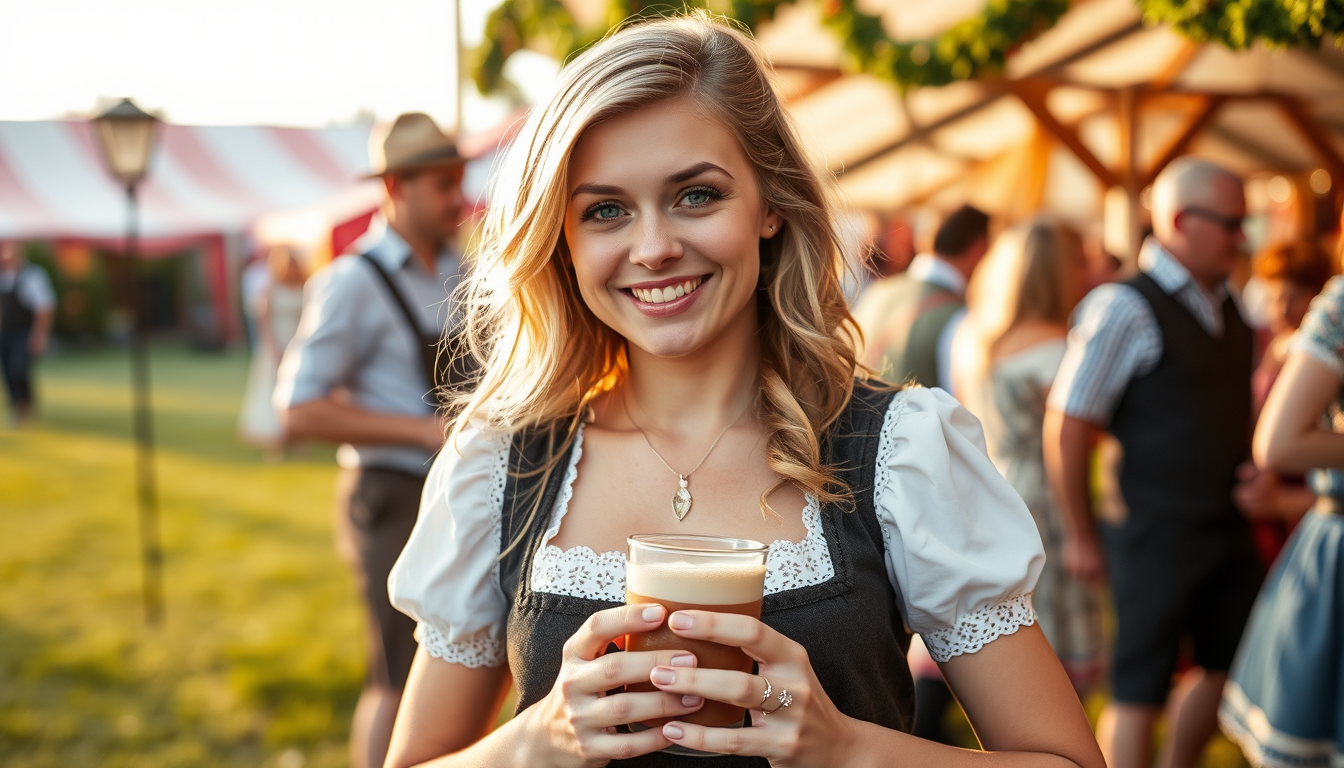 Main art studio: Ein hübsches attraktives deutsches mädchen etwa 20 jahre alt, blonde haare von der sonne gebräunte haut auf einem volksfest in dirndl mit schicken san