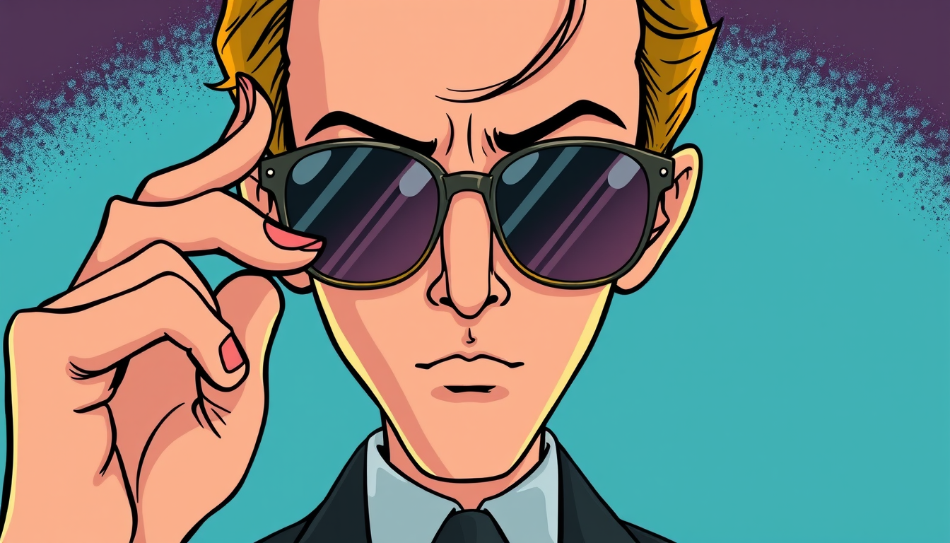 Main art studio: Matrix agent front picture hands in pokets sunglasses all body belgium ligne claire style cartoon old comic belgium Herge