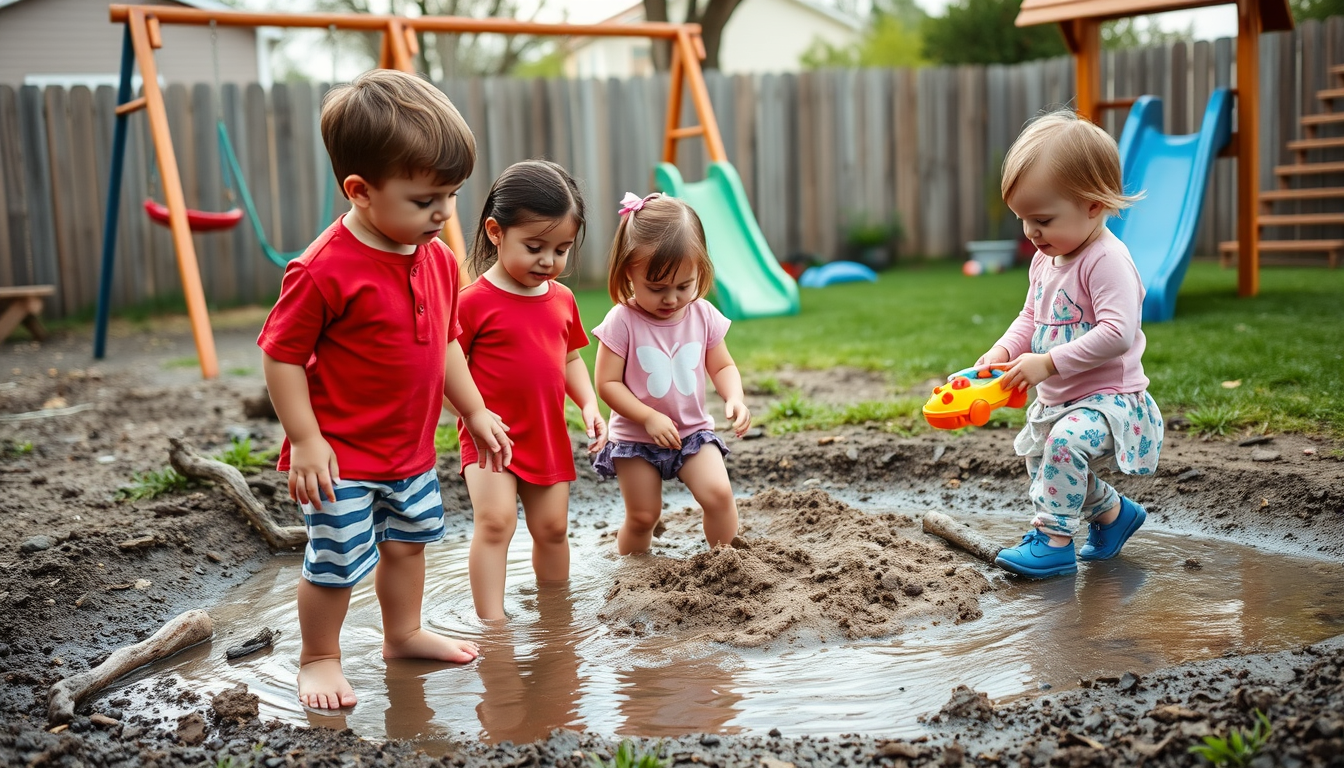 Main art studio: 4 year old boy with brown hair wearing red shirt, blue and white underwear. And barefooted playing outside in a backyard with swing set and slides in