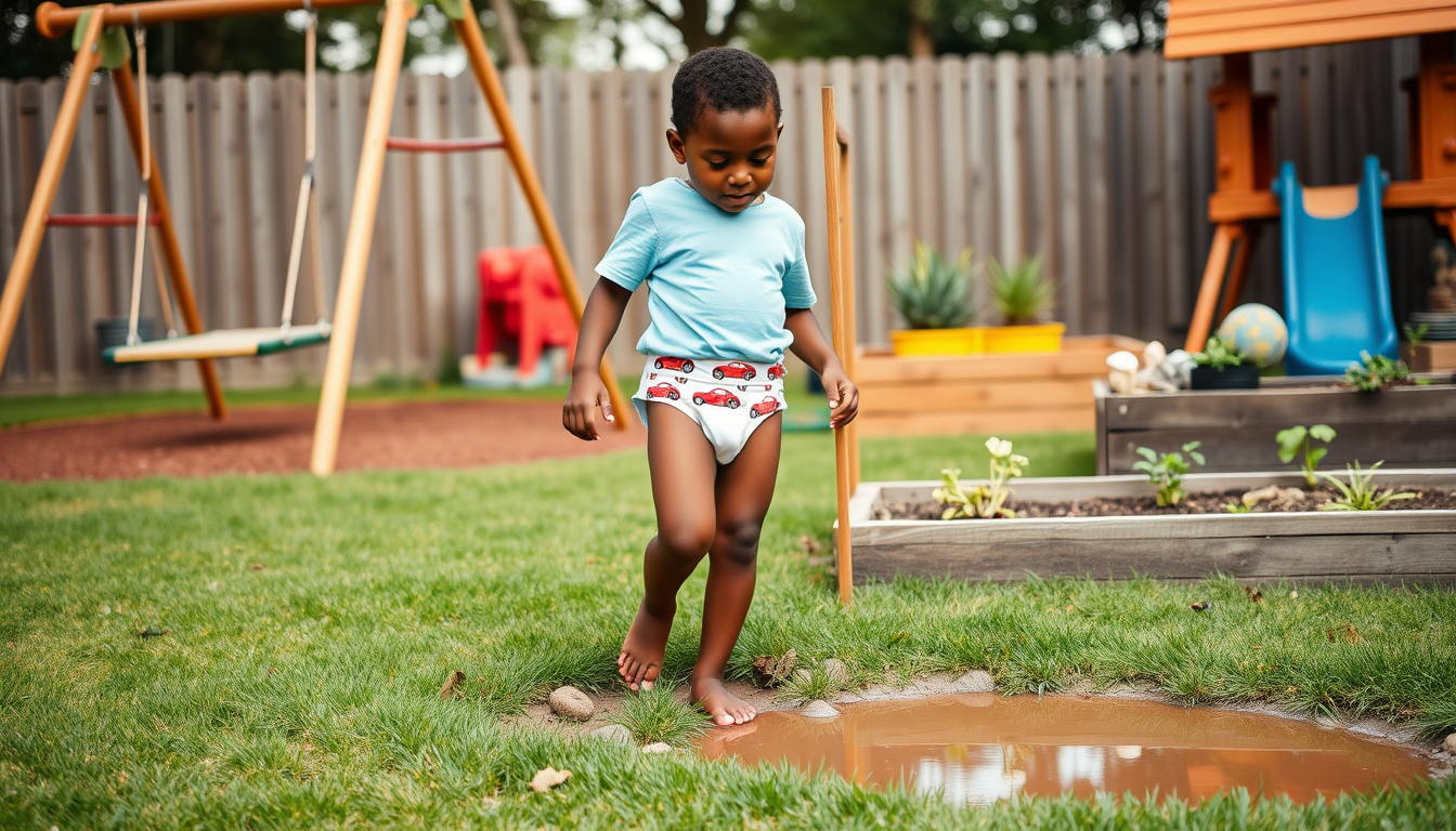 Main art studio: 4 year old african american boy wearing light blue t shirt, white big boy underwear briefs with red racing cars on it, and barefooted playing outside 