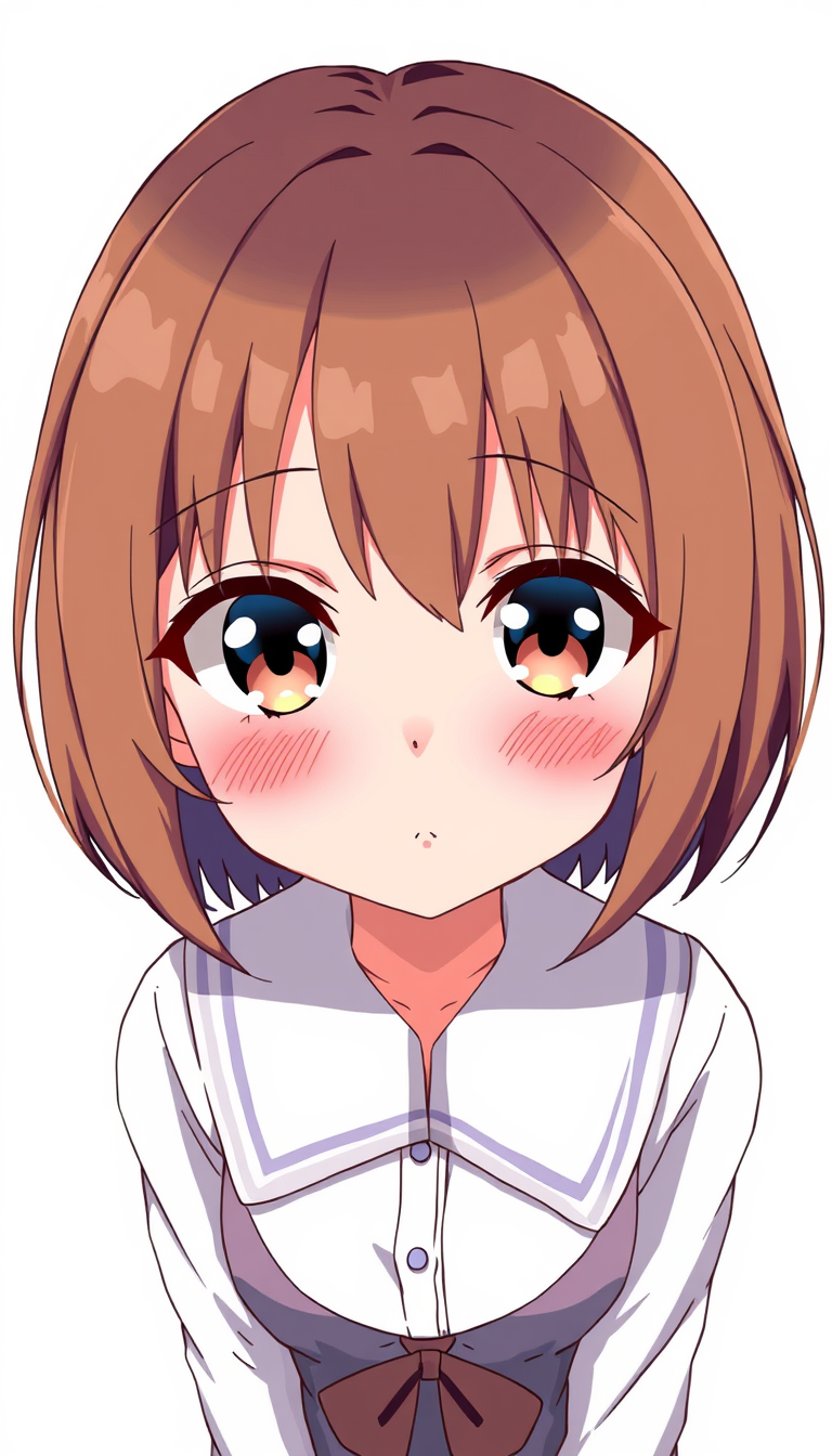 Anime idea created from the prompt: anime style, vibrant colors, expressive eyes, 1 girl, school uniform, short hair, brown hair, brown eyes, soft expression, front view, stand