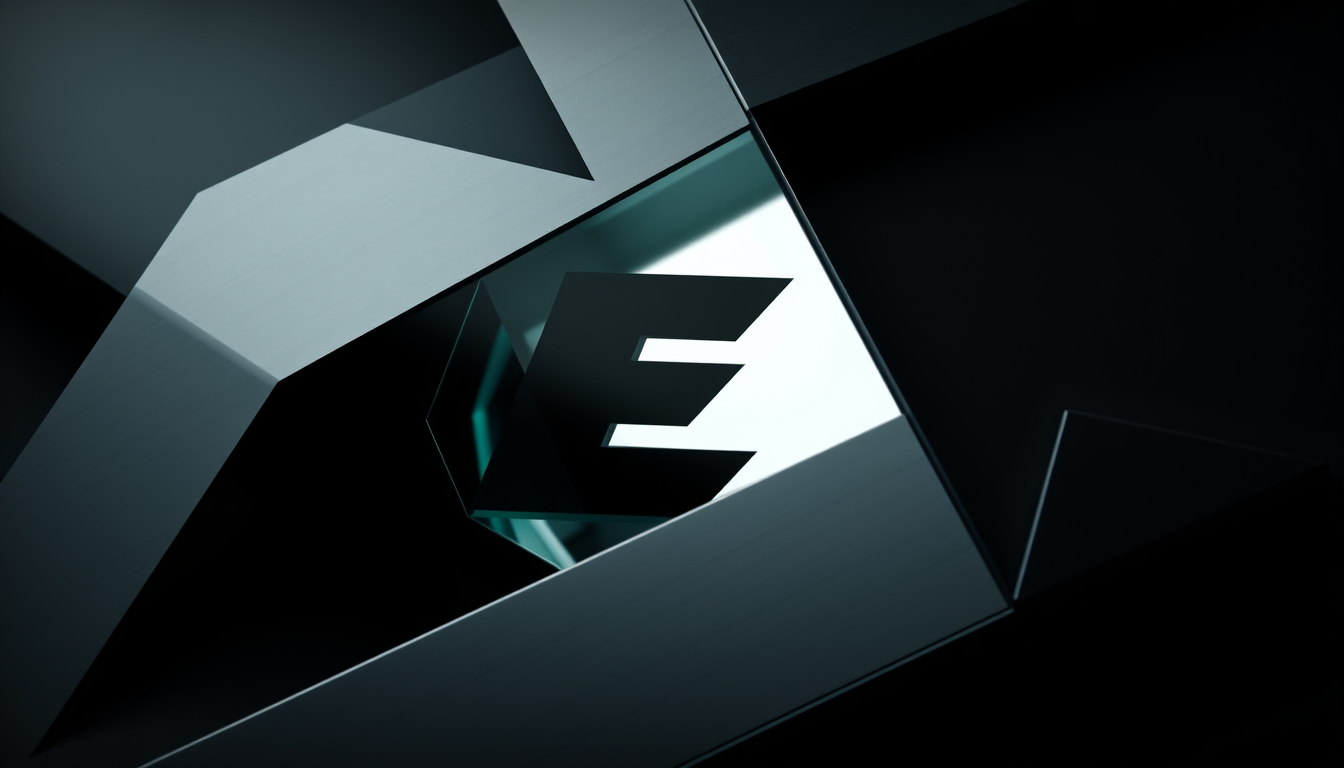Main art studio: Luxury futuristic identity for “ELUDEN”. A highly geometric custom “E” symbol inspired by premium camera optics and surveillance architecture. The let