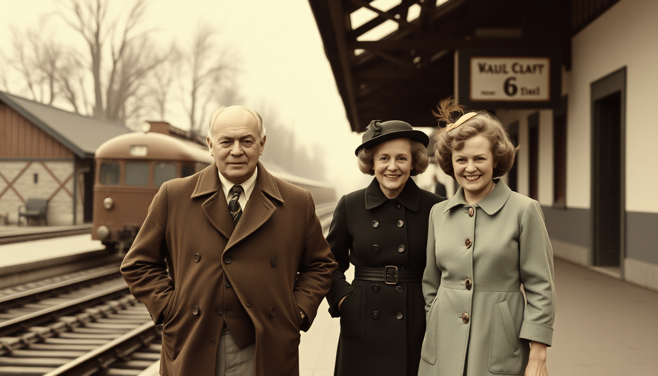 Main art studio: „Zwei Füchse namens Karl und Elisabeth am alten Bahnhof, 1950er-Jahre, nostalgisch, altmodisches Foto, leicht vergilbt, realistische Füchse, ruhige St