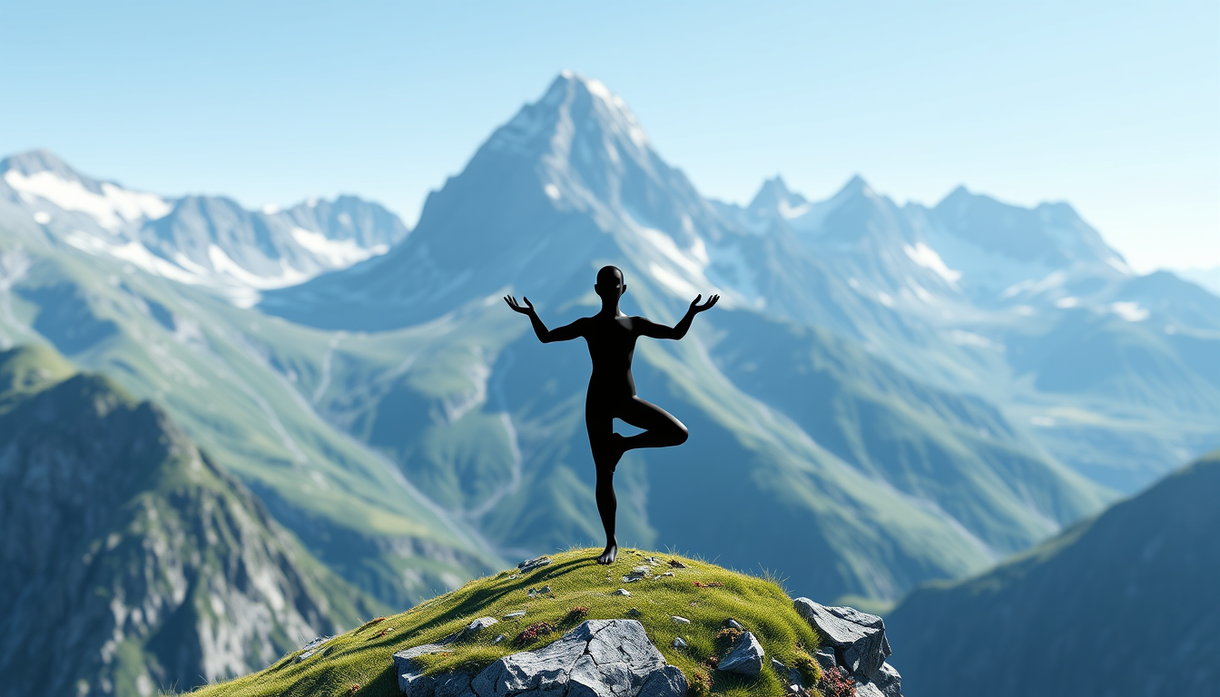Main art studio: A low-poly 3D scene of a tiny shadow person in yoga mountain pose (tadasana) on a grassy ledge of huge alpine mountains. Human is only 1/20th the heig
