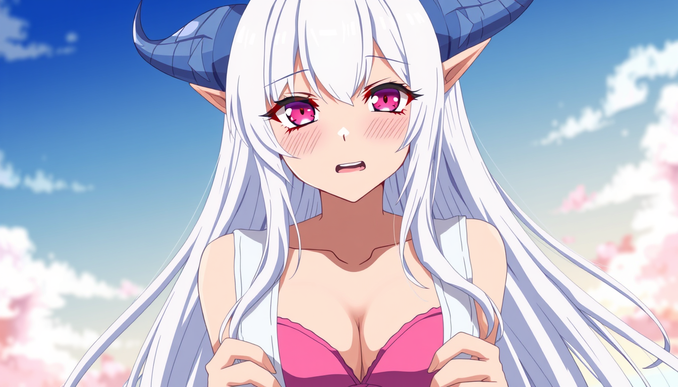 Main art studio: a anime women in her mid 20's with long white hair and some blue horns looking things behind her ears. she has red magenta eyes a lil blush on her che