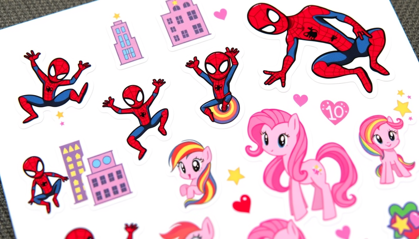 AI Art prompt example created from the prompt: A printable sticker sheet with 20 cute colorful stickers on a pure white background. Red and pink Spider-Man stickers in funny poses, Spider