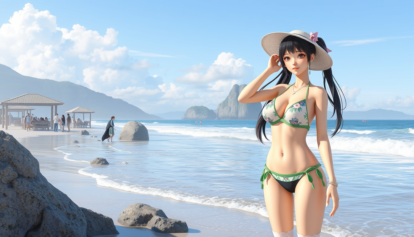 Main art studio: Make me a Japanese female 3-D character by the beach in a bikini