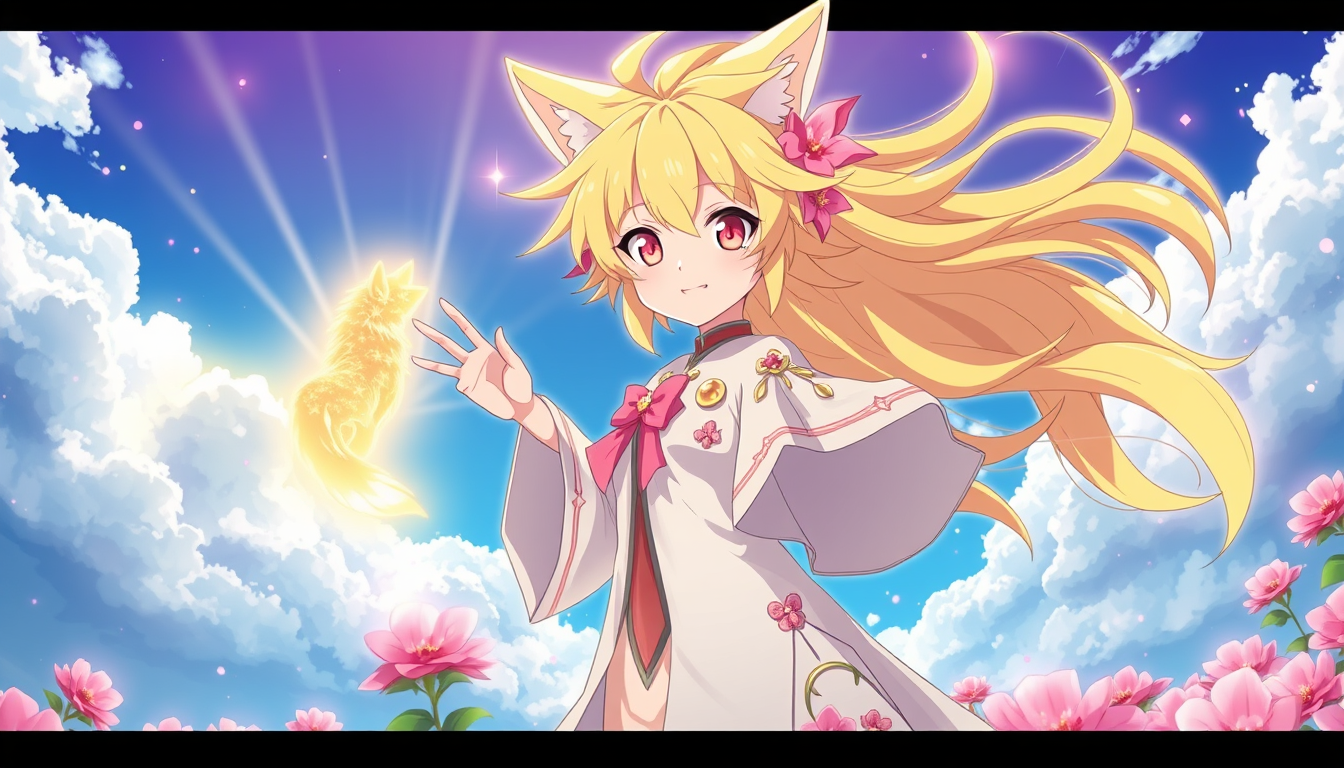 Main art studio: Create a beautiful, mysterious Japanese anime episode thumbnail in 16:9 widescreen format. Episode 14 title theme: “Fox? Human? The Girl of Light Who 