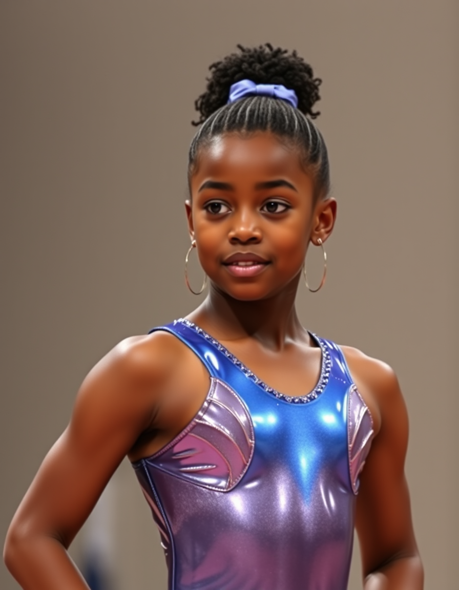 Main art studio: Young African American gymnast, tight metallic blue leotard