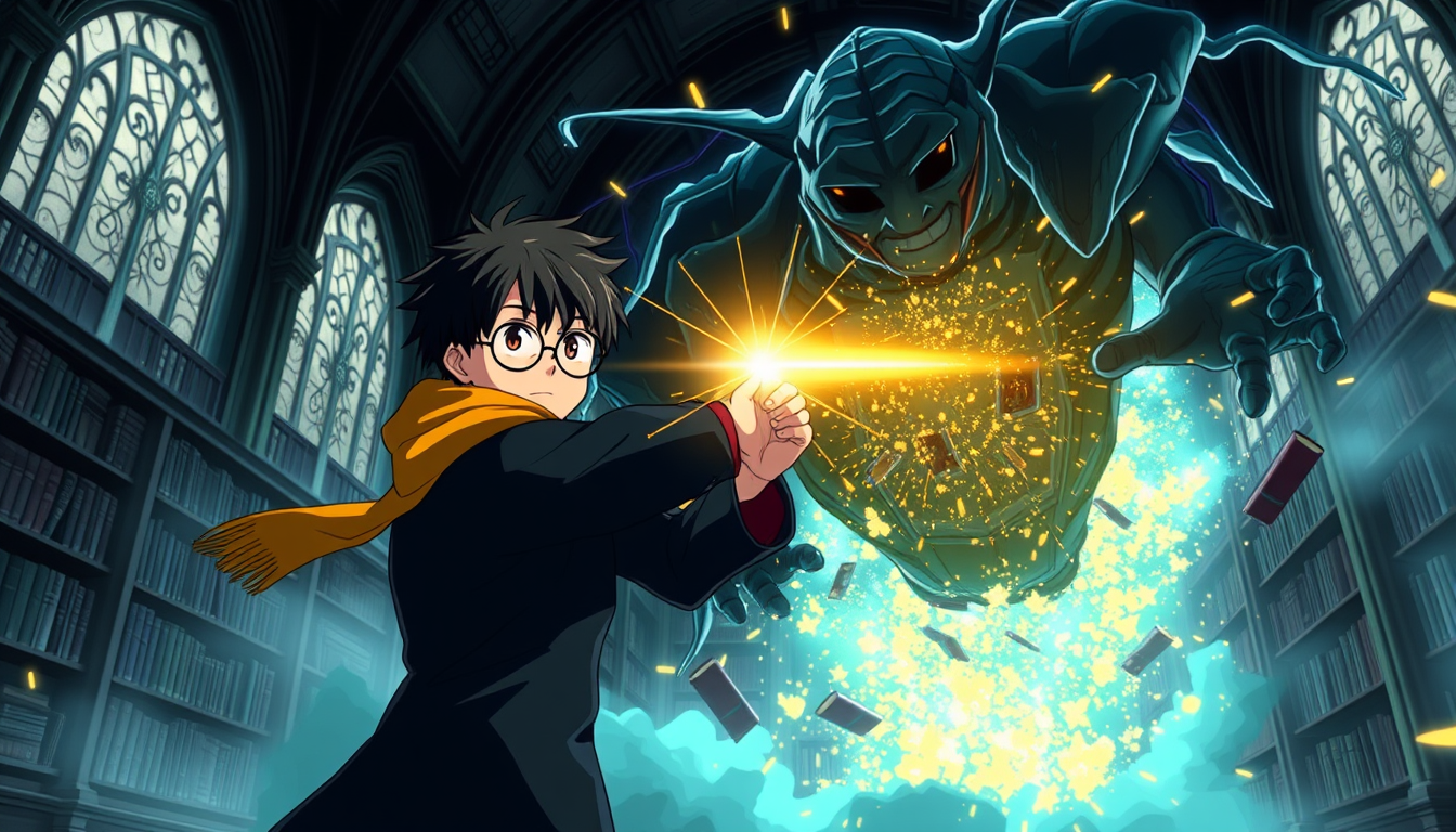 Main art studio: 2D anime movie scene, Harry Potter with messy black hair, round glasses and red gold scarf, standing bravely inside Hogwarts library, raising his wand