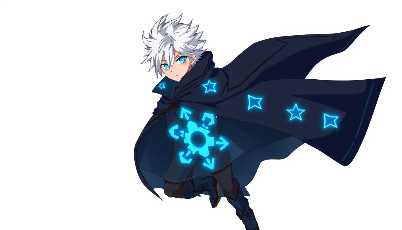 Anime idea: anime style, vibrant colors, expressive eyes, Original anime character design, Kael Veyron, teenage male hero, silver-white spiky hair, glowing cyan e