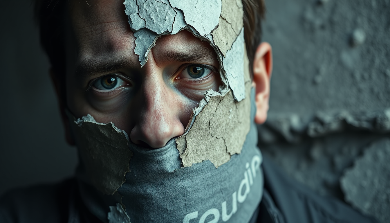 Main art studio: Photorealistic cinematic 16:9 album cover. Extreme close-up of an adult male face looking straight ahead, tired and emotionally distant eyes. His face