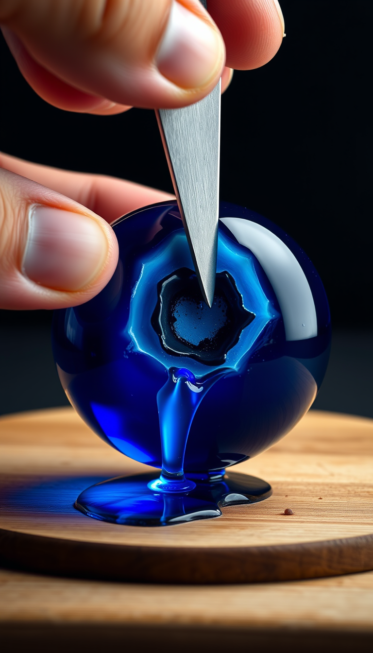 Main art studio: Ultra-realistic vertical 9:16 ASMR video of a perfectly round transparent blue glass blueberry on a wooden cutting board, exactly matching the referen