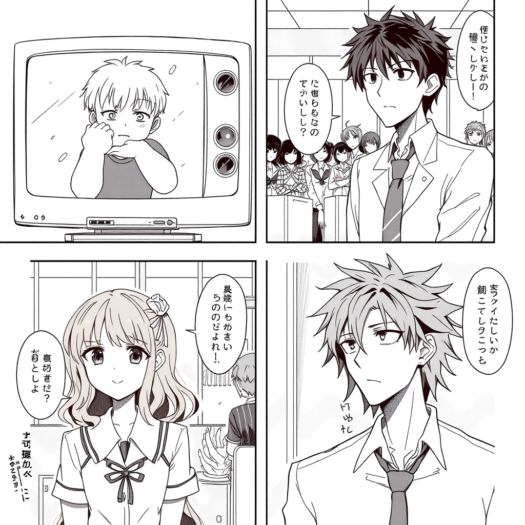AI Art prompt example created from the prompt: B&W manga, realistic anime style, 5 panels, clean ink, screentones. P1: Young Ryouma cries in his father’s arms on TV. Miyara watches. “Year