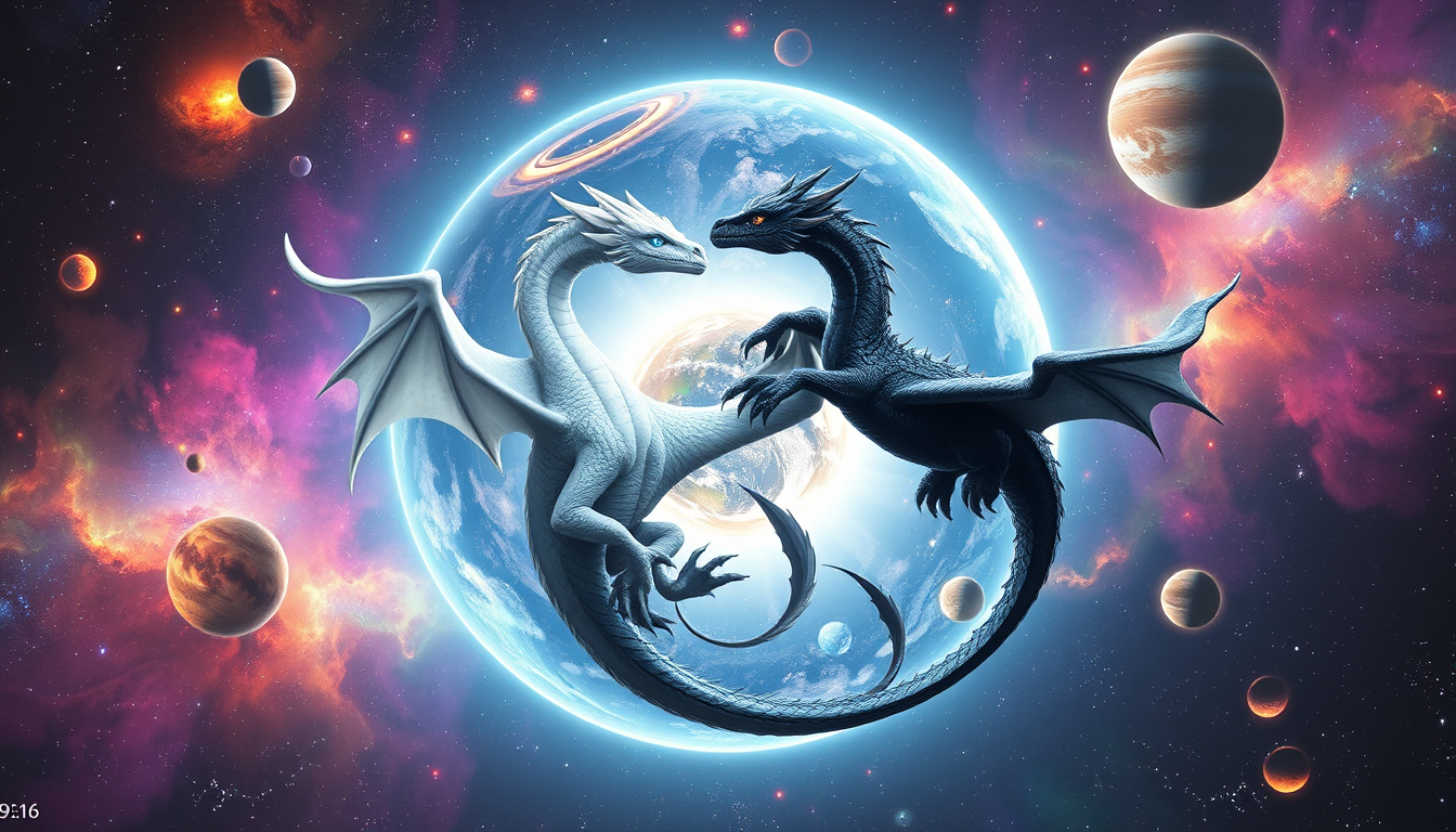 AI Art prompt example created from the prompt: Two gigantic, realistic dragons flying in a beautiful yin-yang circle through a breathtaking galaxy. One dragon is pure pearl-white with glo
