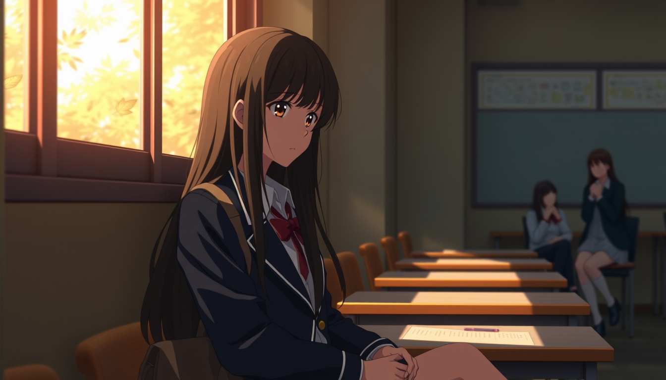 Main art studio: Create Scene 6 of the original cinematic Japanese anime romance movie October Theory. Noni Mizuno, a 17-year-old Japanese high school girl with long s
