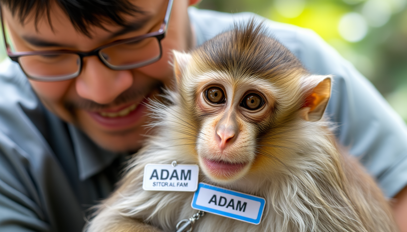 Main art studio: monkey with nametag ADAM with his owner ipan