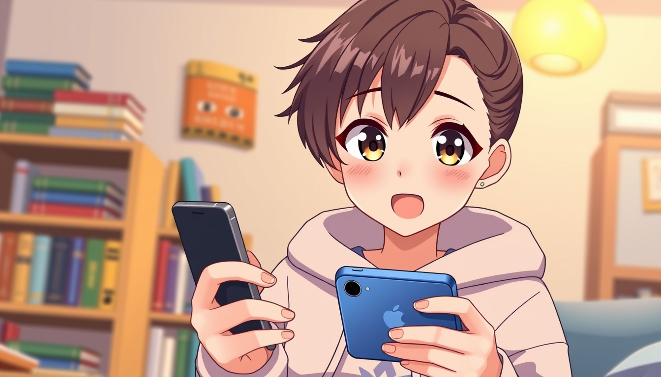 Main art studio: vtuber avatar, anime style, expressive eyes, soft rim light wearing cute hoodie sweatshirt and playing mobile games exciting and bookshelf in backgrou
