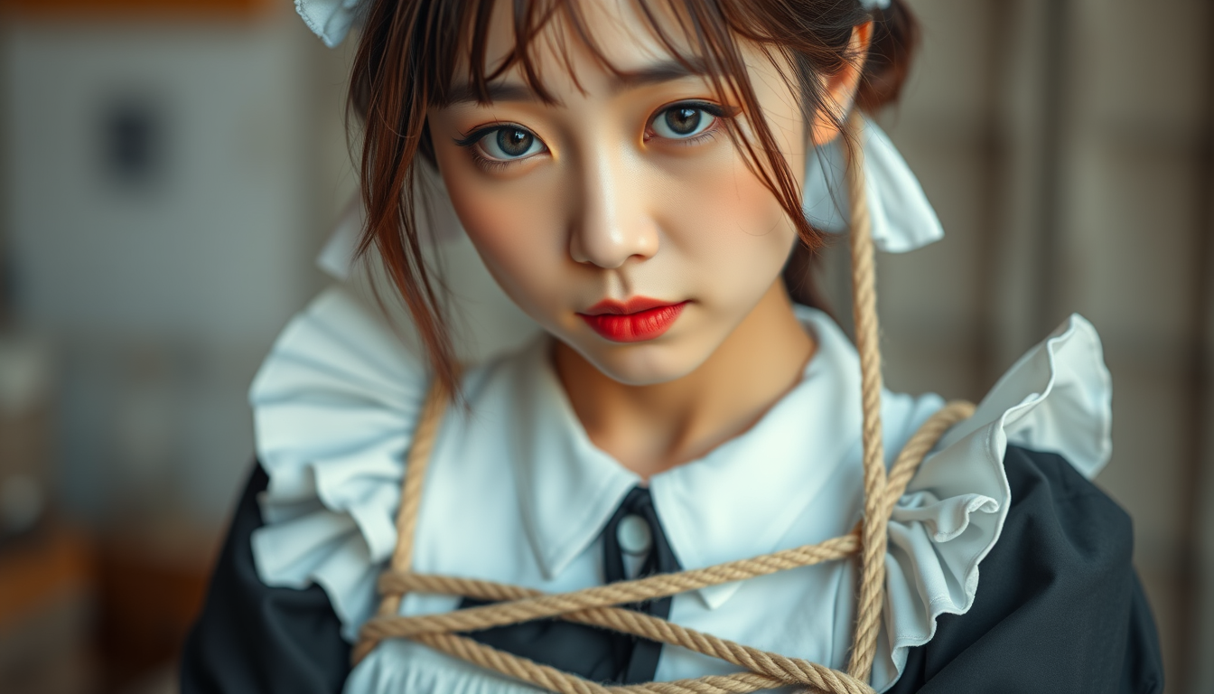 Main art studio: A Korean woman is wearing a maid outfit, and her whole body is tied up with rope, giving her a cute, beautiful, and pitiful expression
