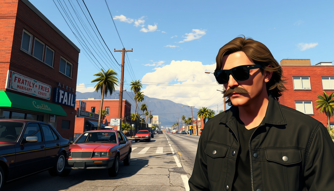 Main art studio: Créer moi une image copier coller comme si j’avais prit un screen dans le jeu GTA pour commencer. C’est un renoi déjà il a des lunettes noirs simple,