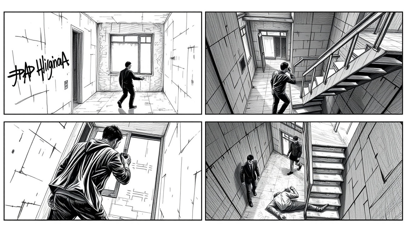 Storyboard idea created from the prompt: storyboard panels, cinematic shot sequence, clear camera angles, grayscale sketch layout, readable scene flow, Damián y Cristian entran a un