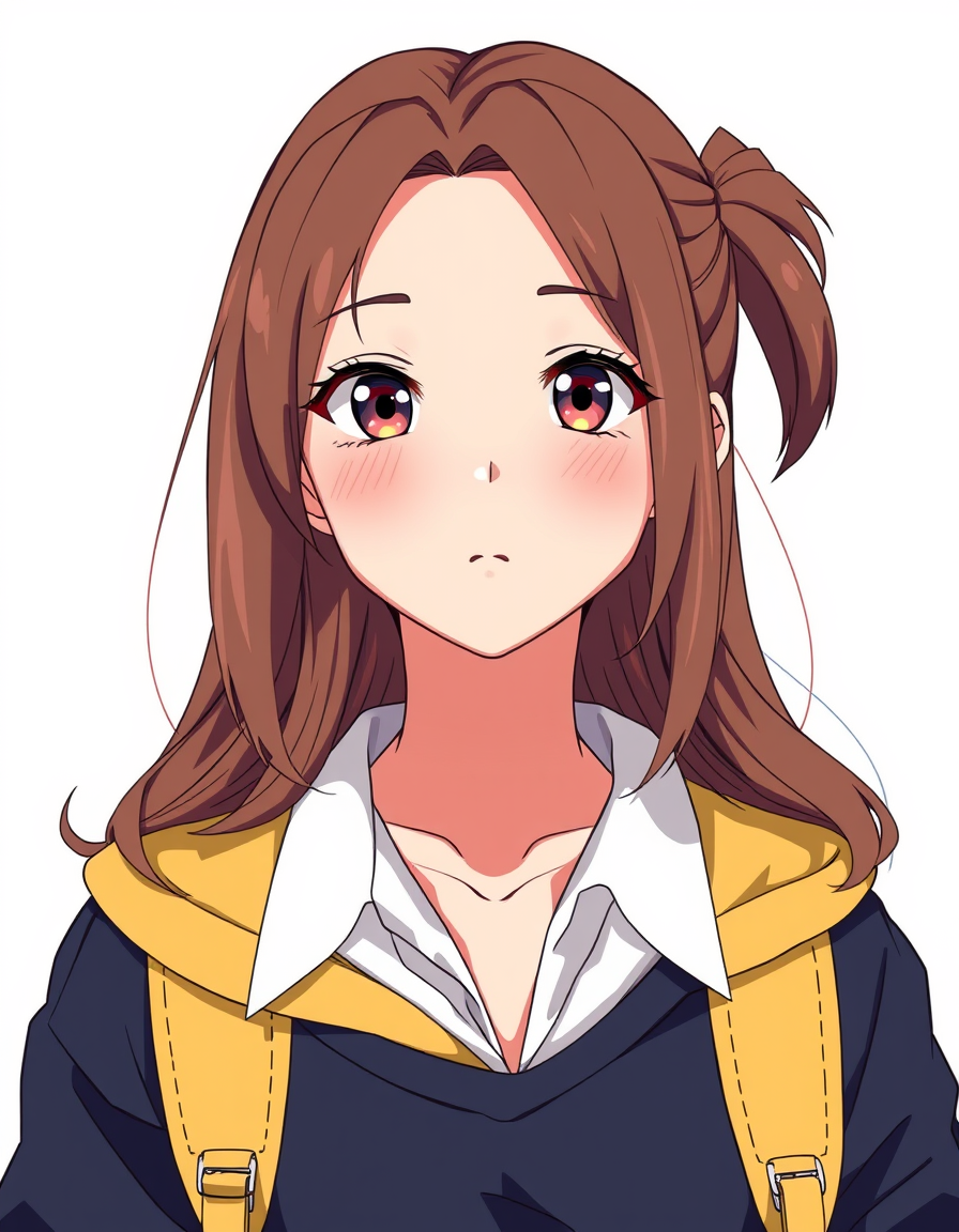 Photo To Anime idea: anime style portrait from the photo, cel shading, vibrant anime colors, expressive eyes, An image of a female college student from head to toe. , clea
