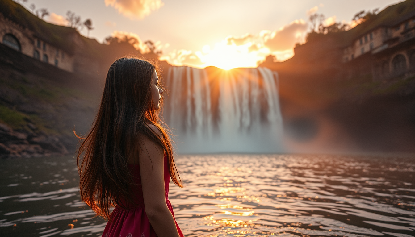AI Art prompt example created from the prompt: Albatta, mana tayyor prompt: **Prompt:**\ `A beautiful young girl standing beside a majestic waterfall during sunset, warm golden sunlight r