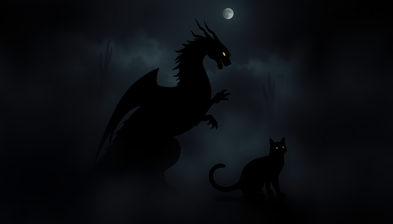 AI Art prompt example created from the prompt: ein silhouete bei der ein drache sich um eine katze wickelt