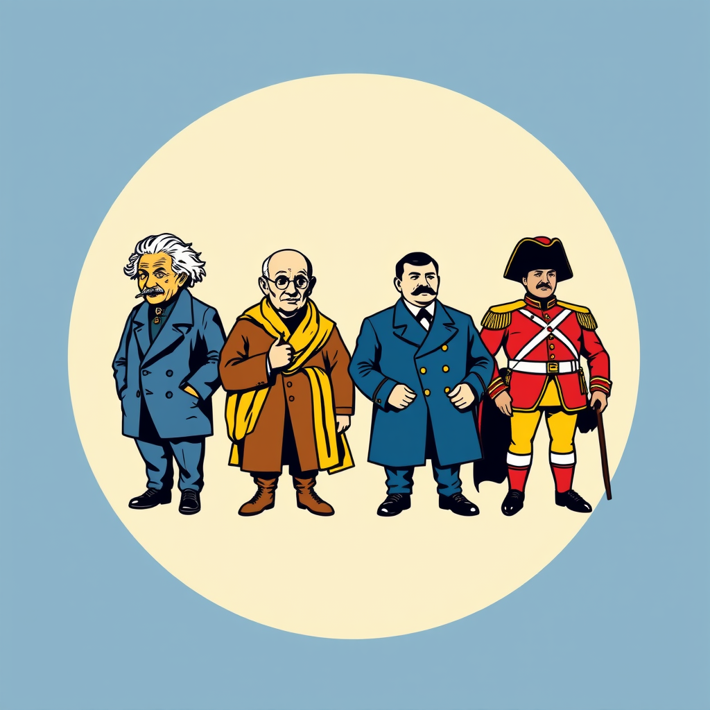 Main art studio: :::writing{variant=“standard” id=“90516”} Four famous historical figures, Einstein, Gandhi, Hitler and Napoleon, shown full body and far away, small c