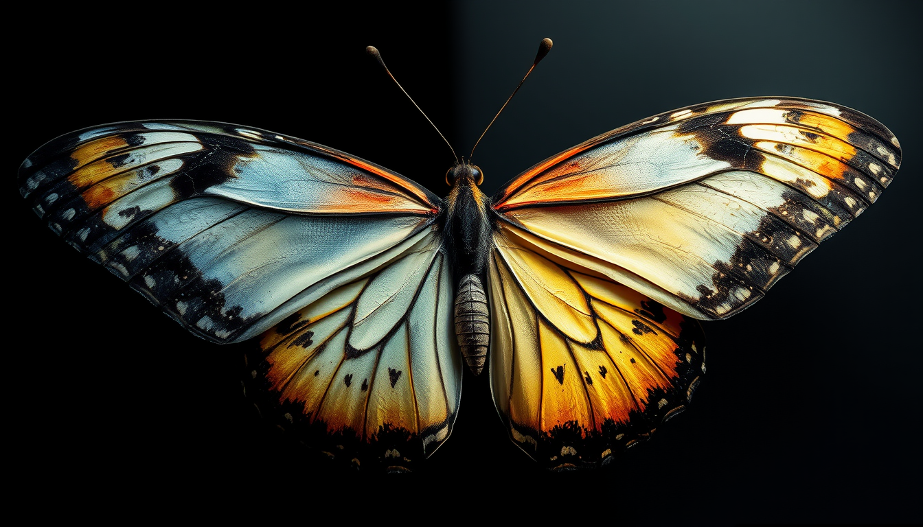 Main art studio: A butterfly where one half is dark and the other half is light, relatively realistic; I need it for an art cover page.