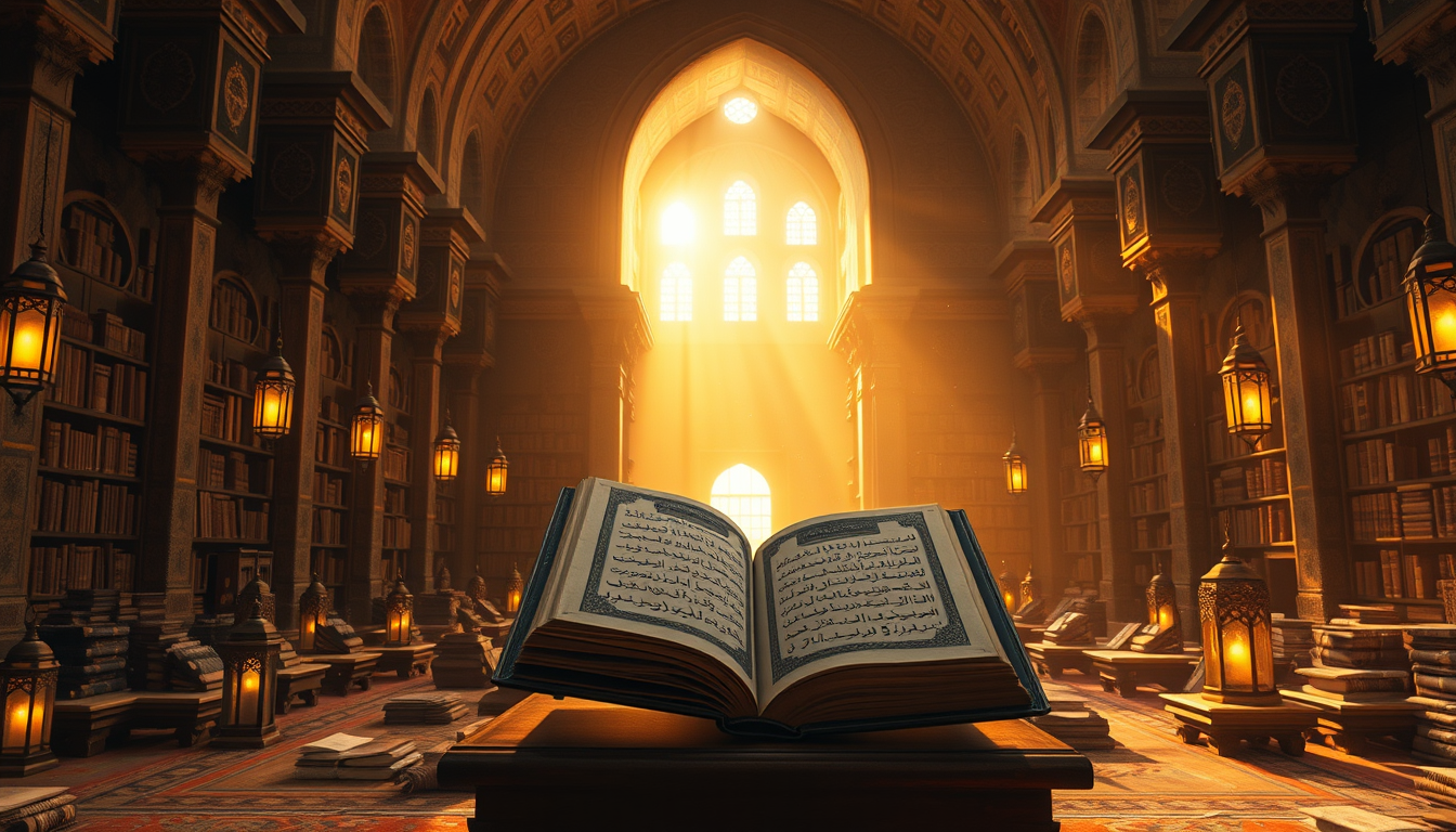 Main art studio: Ancient Islamic library filled with old manuscripts and glowing lanterns, beautifully opened Quran on an elegant wooden stand, warm golden sunlight en