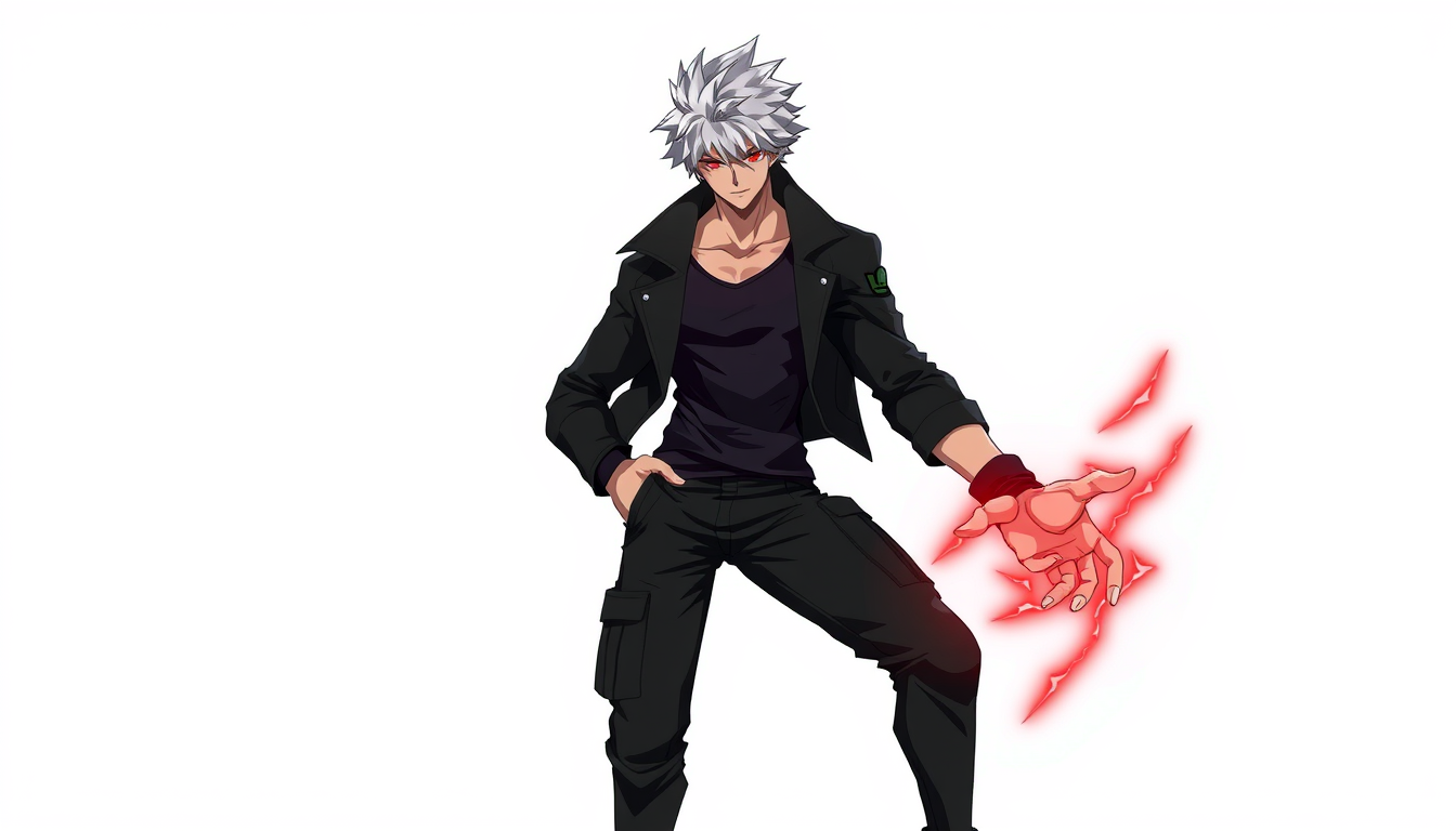 Main art studio: Original anime character VEXOR, full body, silver-white messy hair, sharp glowing red eyes, muscular athletic body, black casual jacket, black shirt,