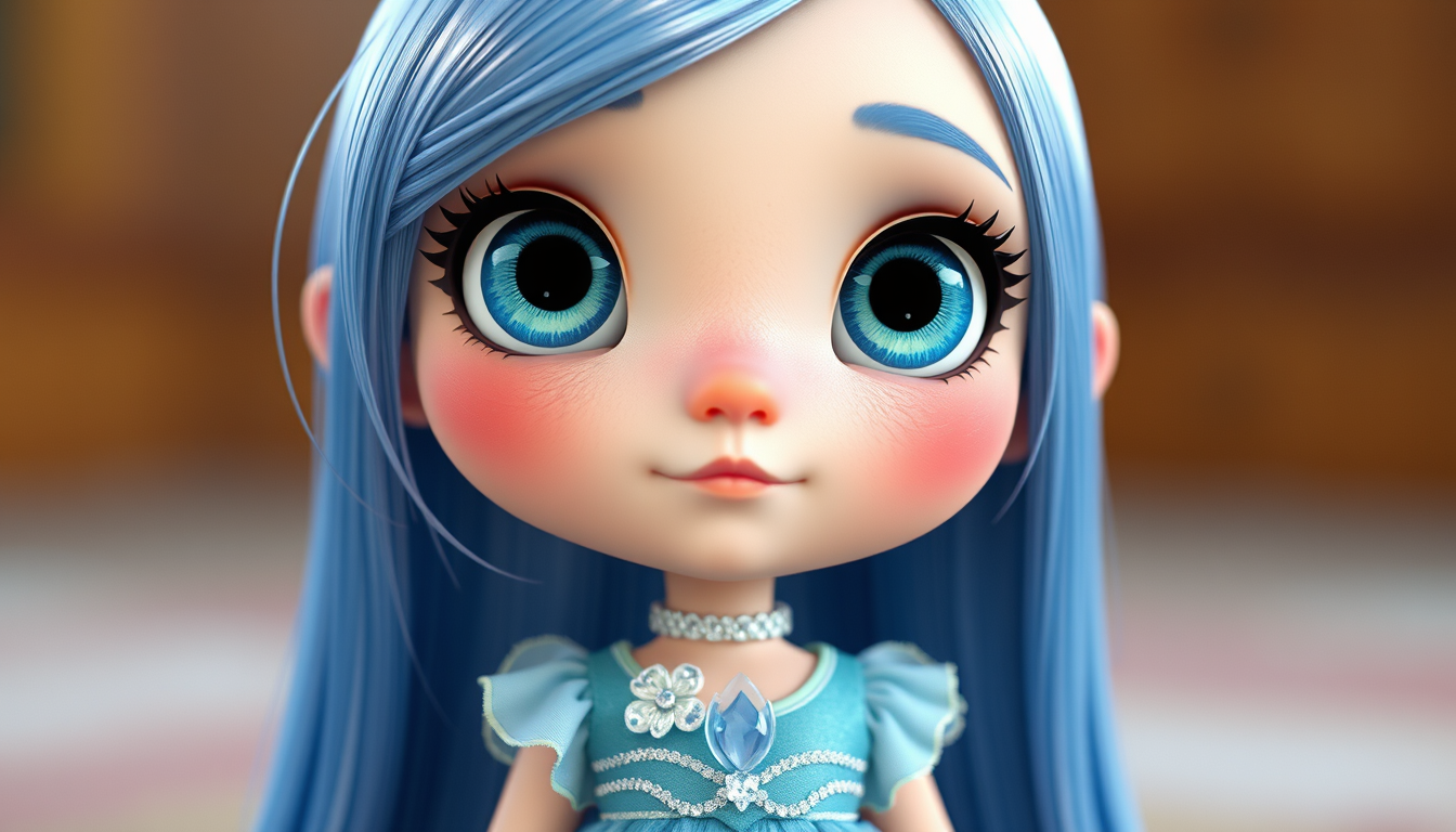 Main art studio: Menina minúscula, cabelos longos loiros dourados, olhos azuis grandes, pele clara, bochechas rosadas e rosto delicado. Vestido azul-claro de pétalas, 