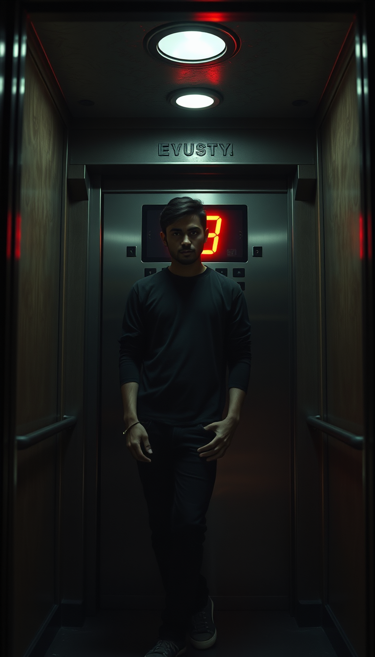 AI Art prompt example created from the prompt: A cinematic photorealistic horror scene inside an old apartment elevator at night. A young Indian man wearing dark casual clothes stands ins