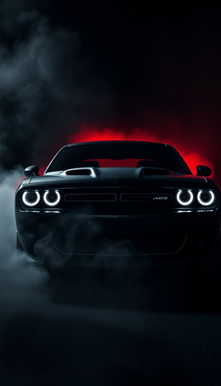 Main art studio: Vertical 9:16 mobile wallpaper, completely black Dodge Challenger emerging from darkness, only the headlights, grille and subtle body contours visible