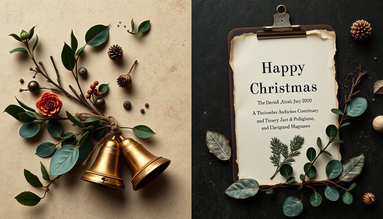 AI Art prompt example created from the prompt: Dark Academia & Cottagecore Holidays: Moody botanical greenery, winter apothecary, brass bells, pressed leaves, and vintage parchment tones.