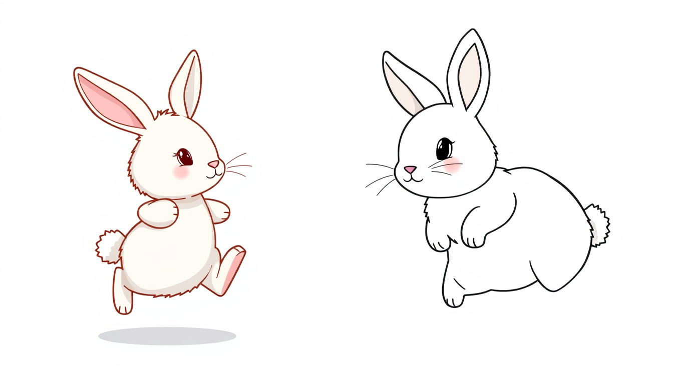 AI Art prompt example created from the prompt: Generate an image with a colored illustration of 'fluffy bunny hopping' on the left side, and the same illustration in a black-and-white out